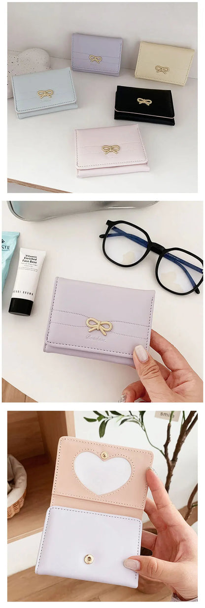 Portefeuille Femme Nœud Rose Compact - Porte-Cartes Tri-Fold Étudiant Mignon