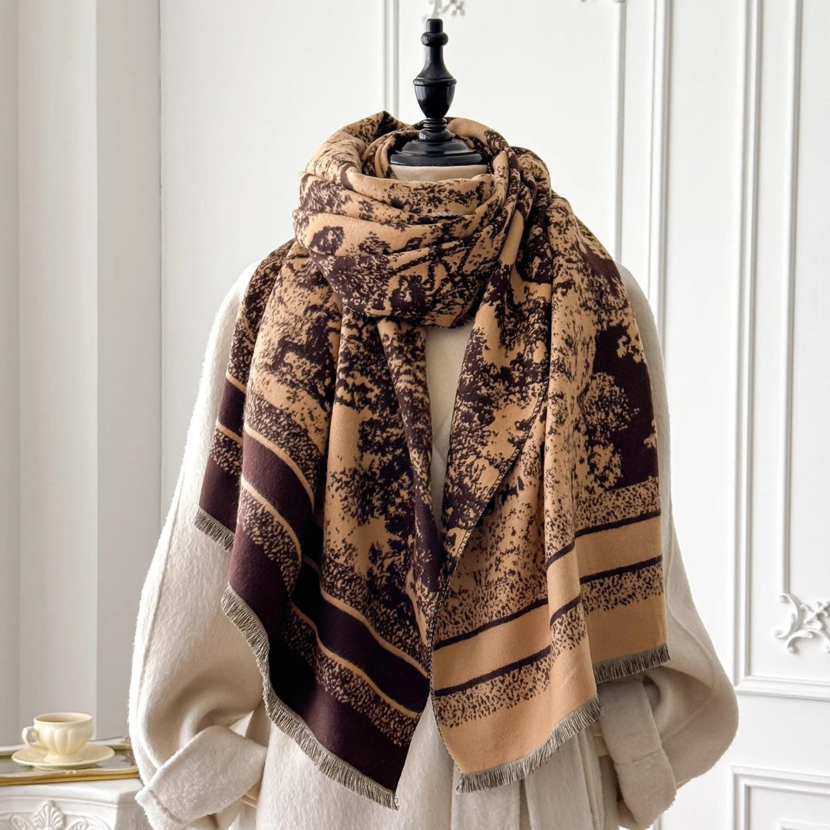 Foulard Écharpe Cachemire Luxe Femme Hiver - Châle Pashmina Rayé Imprimé Poncho Franges