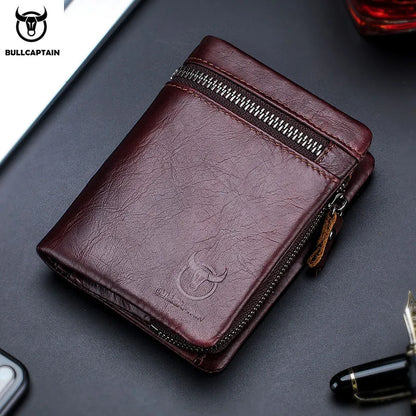 Portefeuille Homme Cuir BULLCAPTAIN Tri-Fold RFID - Porte-Monnaie Cartes Zipper
