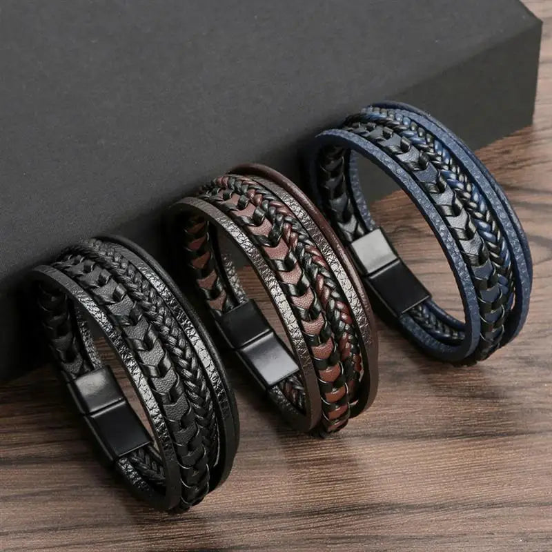 Bracelet Cuir Tressé Multicouche Punk – Boucle Magnétique Croix Homme