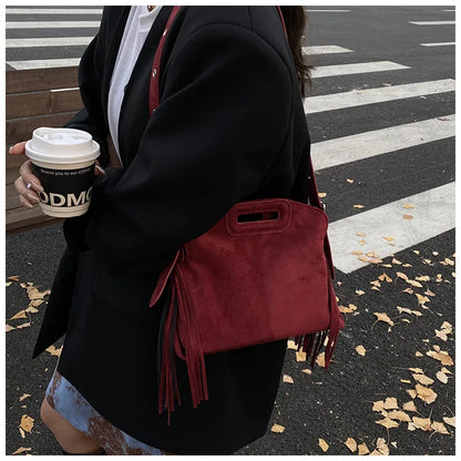Sac à Main Femme Daim Vintage Style Français - Sac Bandoulière Épaule Glands Café