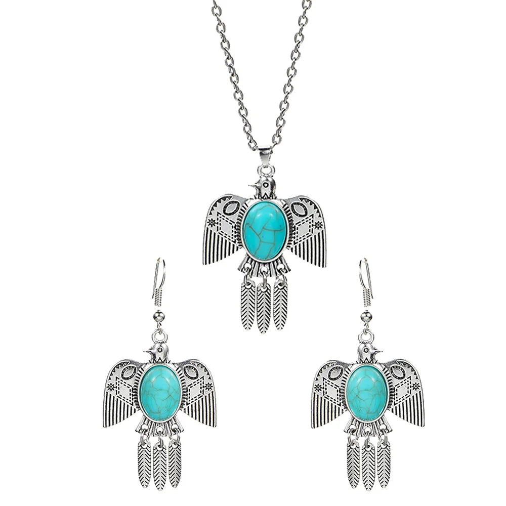 Ensemble Bijoux Bohème Turquoise Oiseaux – Boucles Pendantes Argent Antique