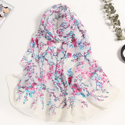 Foulard Écharpe Mousseline Fleur Prunier Femme - Bandana Châle Été Protection Solaire Plage