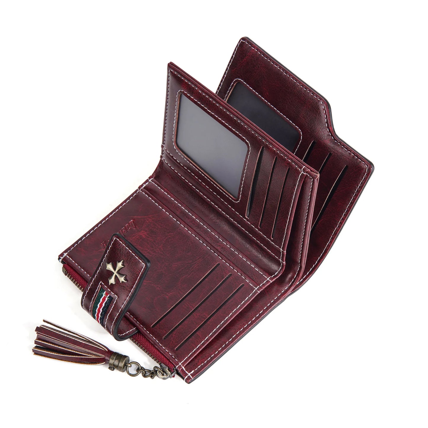 Portefeuille Femme Cuir Ciré Glands - Porte-Monnaie Tri-Fold Multi-Fentes Fermeture Éclair