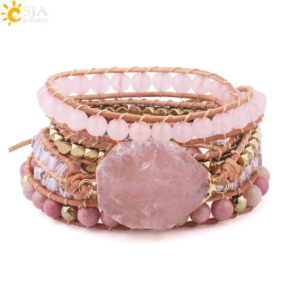 Bracelet Wrap Quartz Rose Cuir – Pierre Naturelle Bohème Multicouche