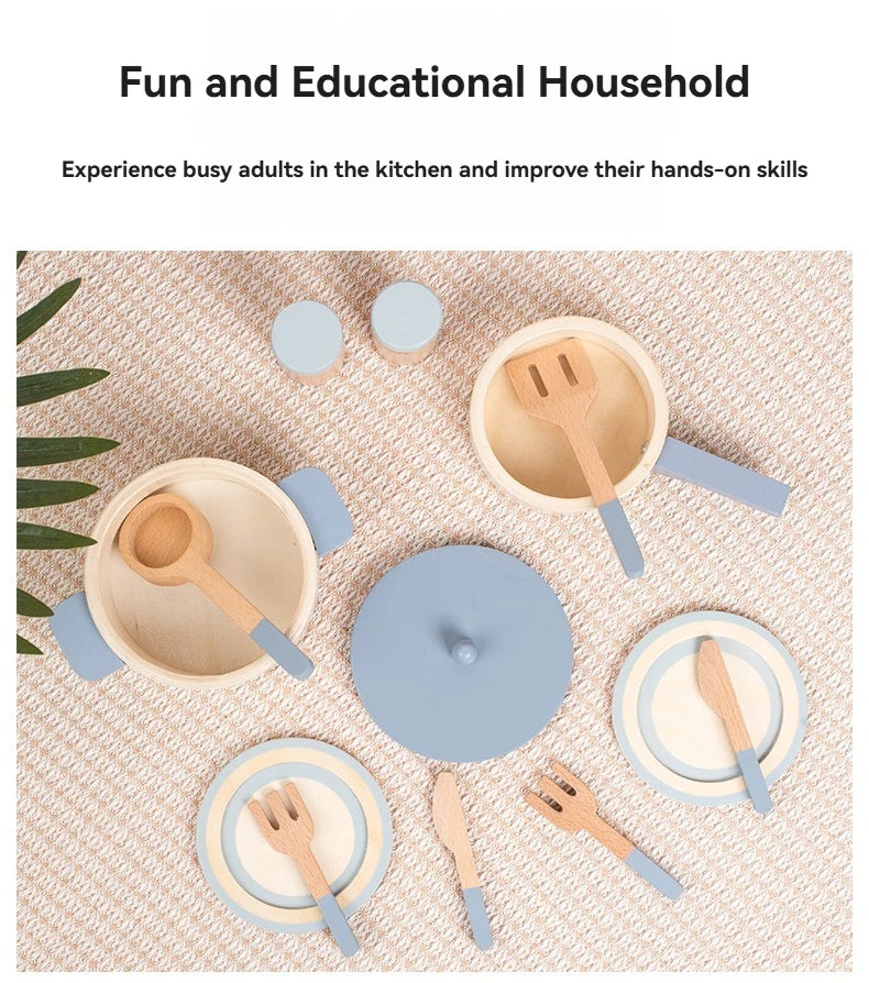 Cuisine Jouet en Bois Bleu - Set Chef Complet Casseroles et Aliments pour Jeu de Rôle 3-6 Ans