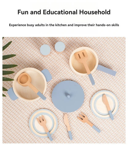 Cuisine Jouet en Bois Bleu - Set Chef Complet Casseroles et Aliments pour Jeu de Rôle 3-6 Ans