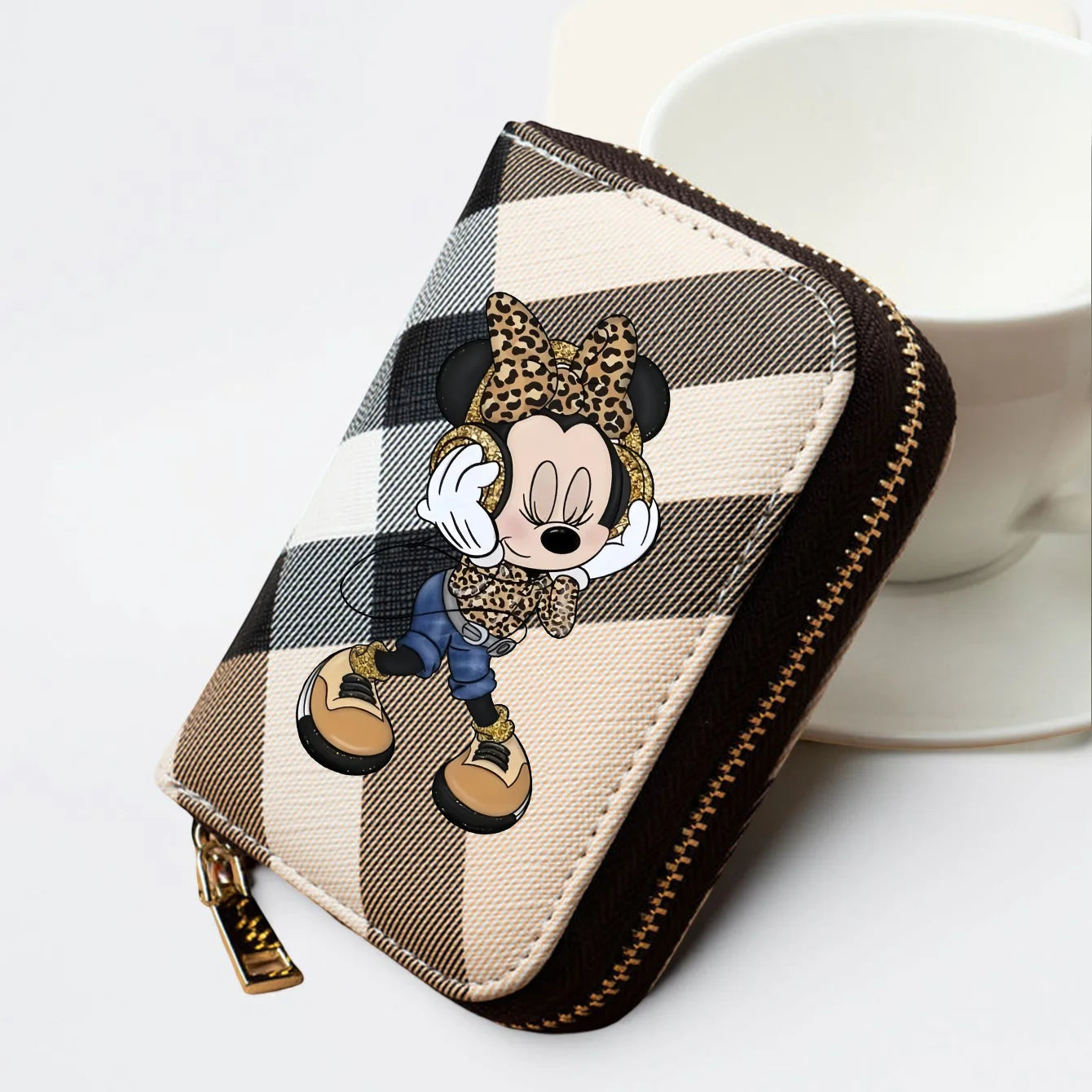 Portefeuille Minnie Motif Carreaux Léopard - Porte-Monnaie Court Cuir PU Zippé Femme Fille Disney