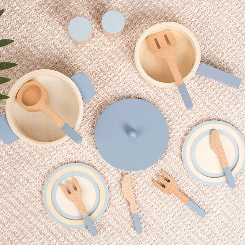Cuisine Jouet en Bois Bleu - Set Chef Complet Casseroles et Aliments pour Jeu de Rôle 3-6 Ans