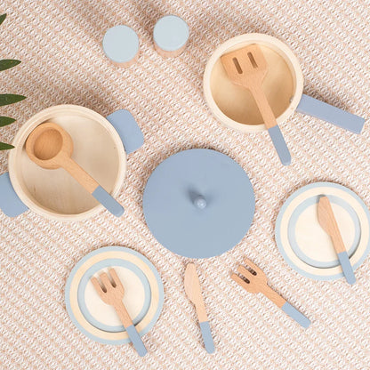 Cuisine Jouet en Bois Bleu - Set Chef Complet Casseroles et Aliments pour Jeu de Rôle 3-6 Ans