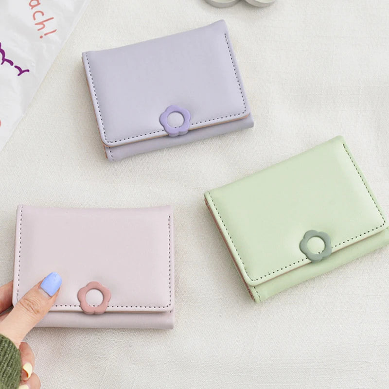 Portefeuille Femme Tri-Fold Cuir PU Bouton Fantaisie - Porte-Cartes Court Porte-Monnaie
