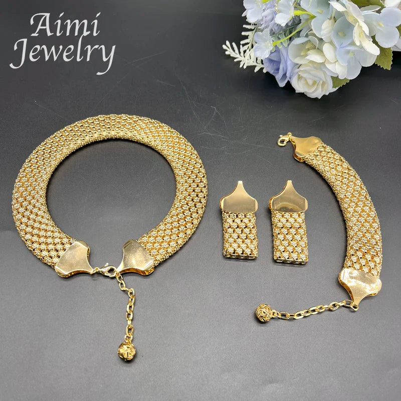 Parure Africaine Dubai Plaqué Or 18k - Collier Chaînes Larges, Boucles et Bracelet
