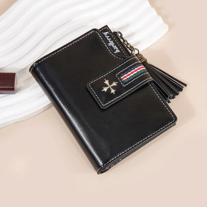Portefeuille Femme Cuir Ciré Glands - Porte-Monnaie Tri-Fold Multi-Fentes Fermeture Éclair