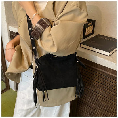 Sac à Main Femme Daim Vintage Style Français - Sac Bandoulière Épaule Glands Café