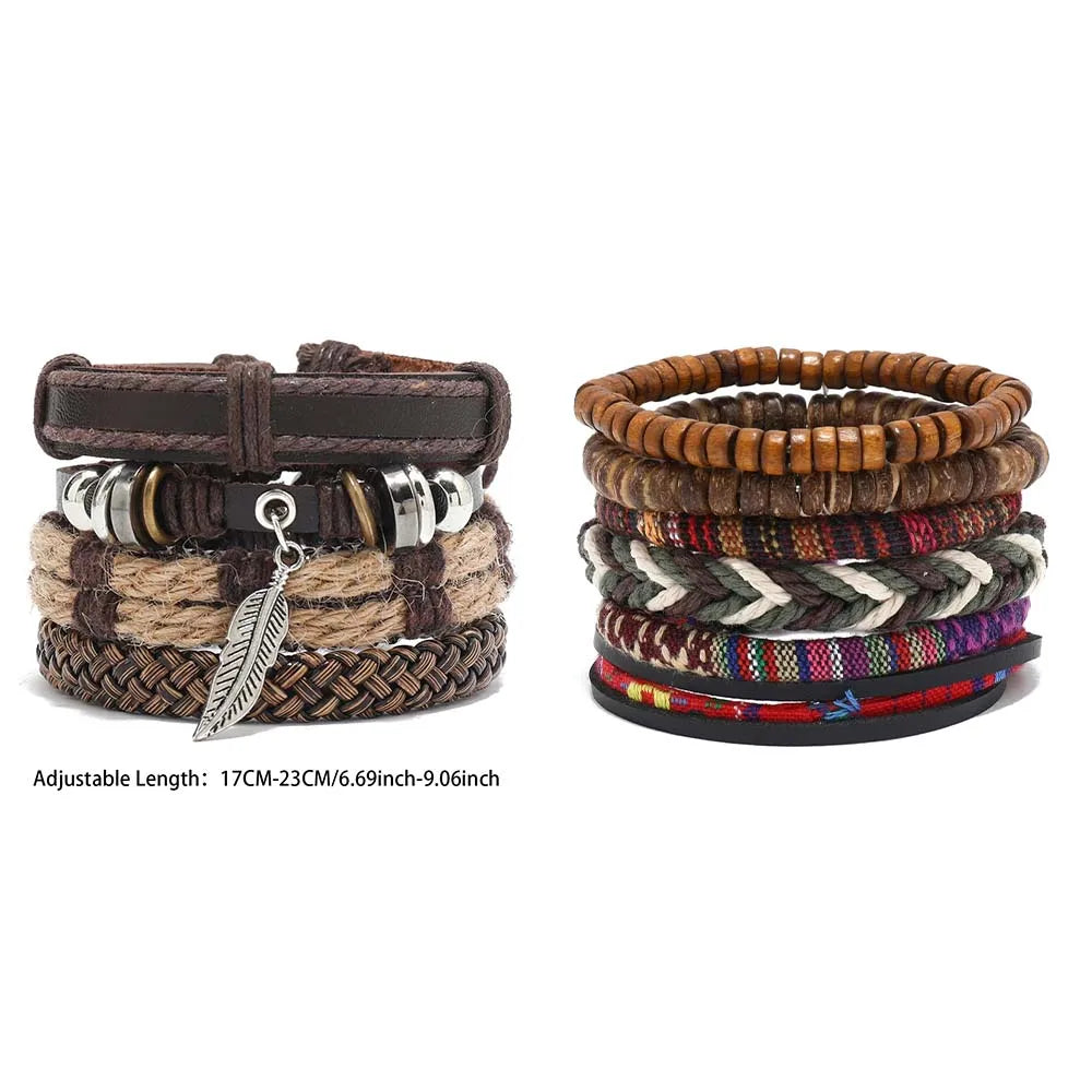 Bracelet Bohème Cuir & Perles Bois Homme – Tressé Main, 26 Coloris