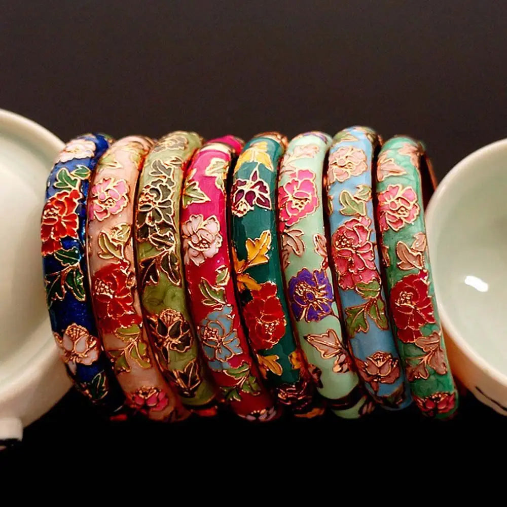 Bracelet Jonc Cloisonné Émaillé Pivoine – Artisanat Ethnique Classique