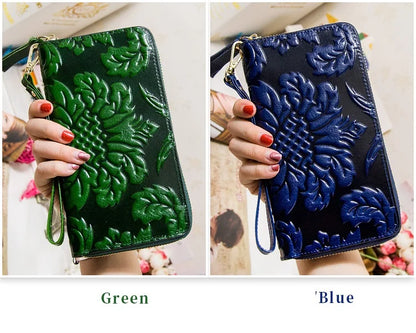 Portefeuille Femme Cuir Véritable Vintage Floral - Grande Capacité Clutch Pochette en Cuir de Vache