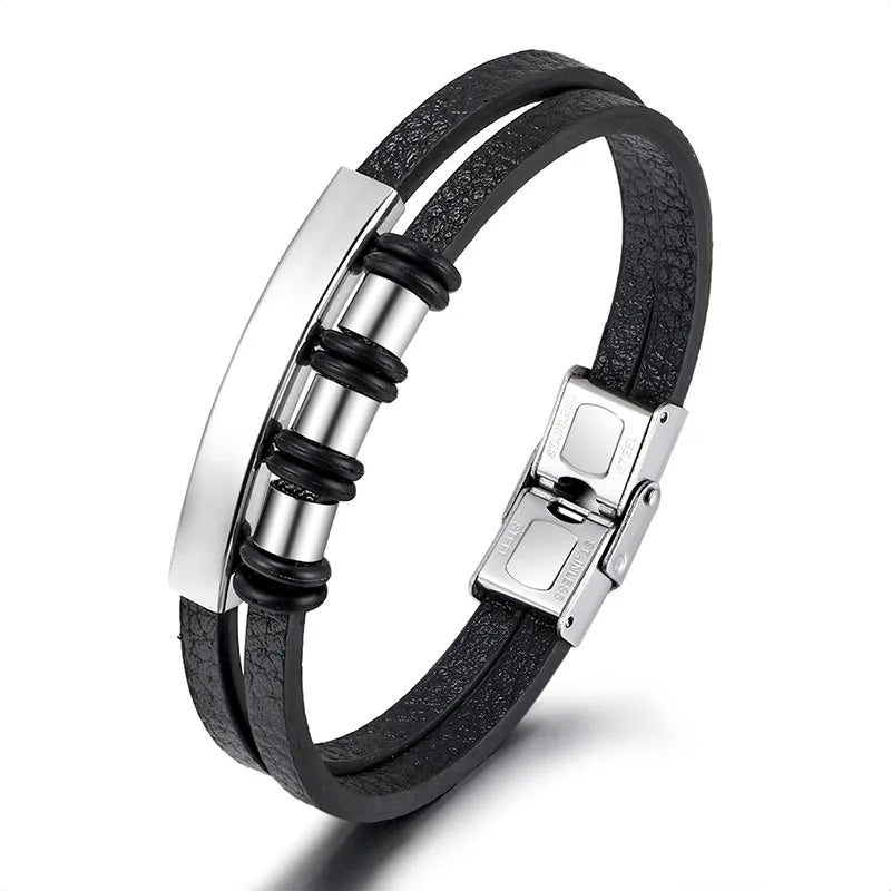 Bracelet Enroulé en Cuir pour Homme avec Charm en Acier Inoxydable