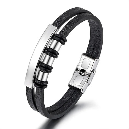 Bracelet Enroulé en Cuir pour Homme avec Charm en Acier Inoxydable