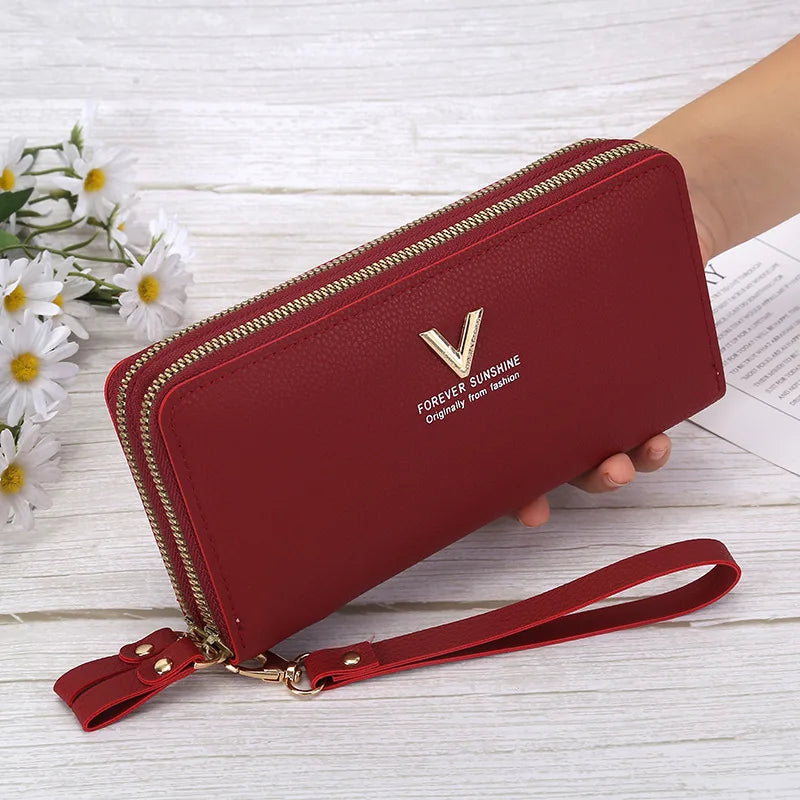 Portefeuille Femme Long Cuir PU Double Fermeture Éclair - Porte-Monnaie Téléphone Rouge