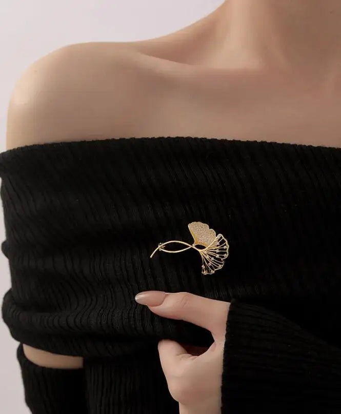 Broche Feuille Ginkgo Rétro Élégante Strass – Pin's Plante Corsage Luxe Femme