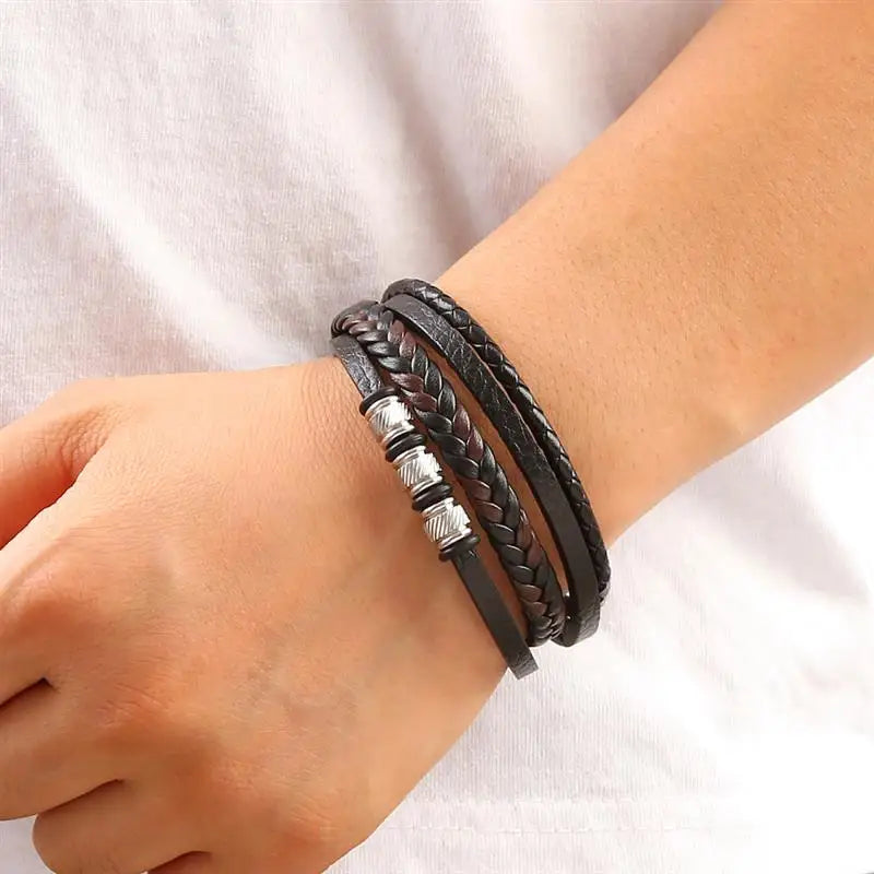 Bracelet Cuir Tressé Multicouche Punk – Boucle Magnétique Croix Homme