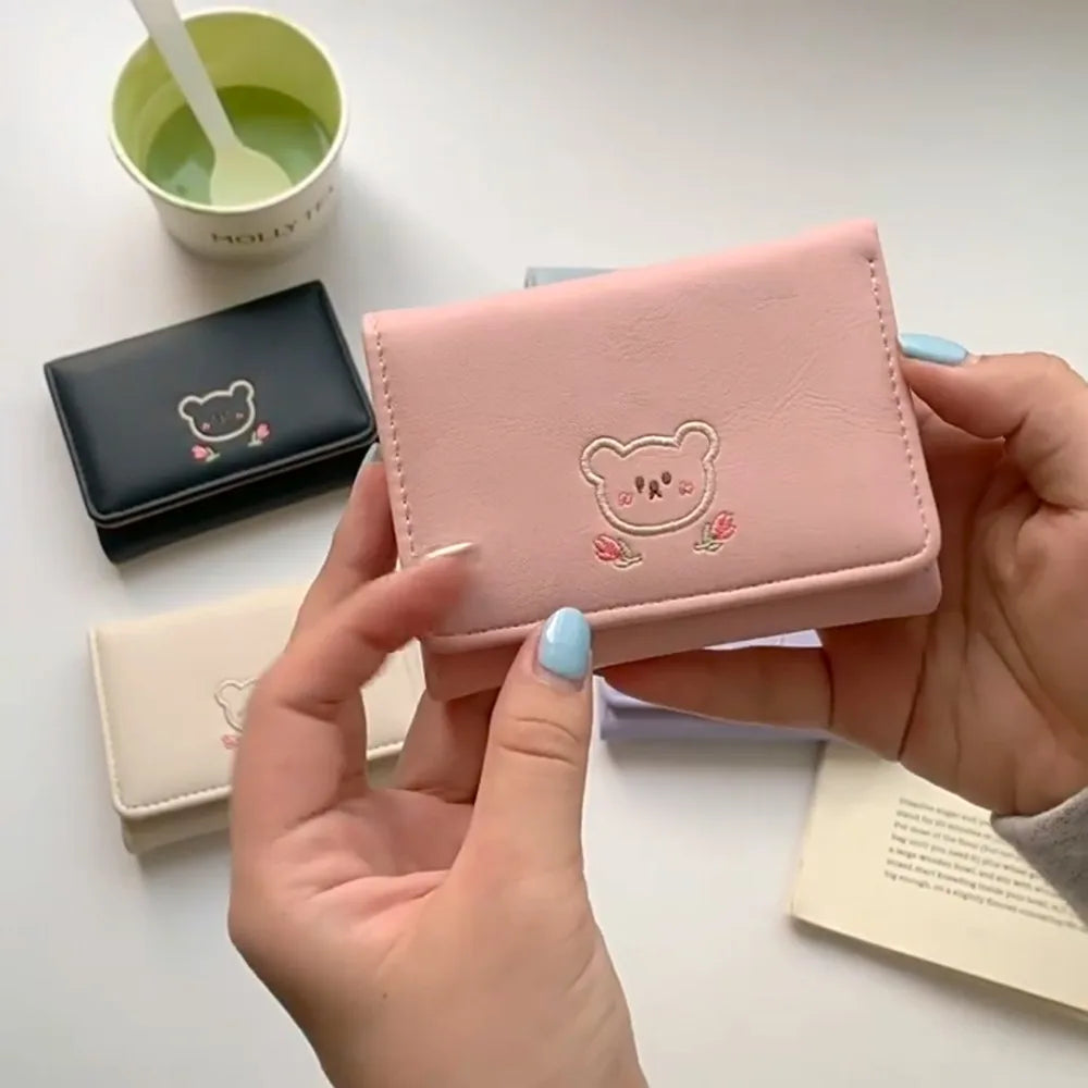 Portefeuille Femme Kawaii Cute Trifold PU - Porte-Carte Multi-Emplacements Porte-Monnaie Étudiant Noir
