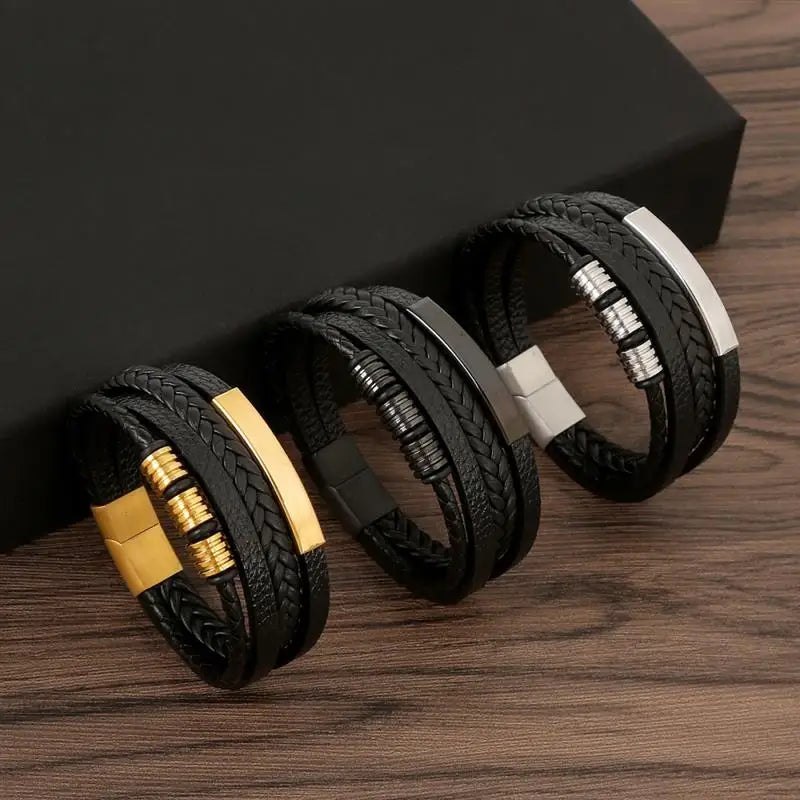 Bracelet Cuir Tressé Multicouche Punk – Boucle Magnétique Croix Homme