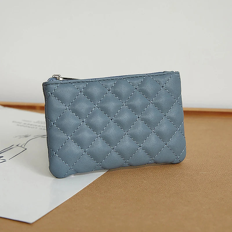 Porte-Monnaie Femme Mini Cuir PU Fermeture Éclair - Pochette Cartes Motif Carreaux Blanc