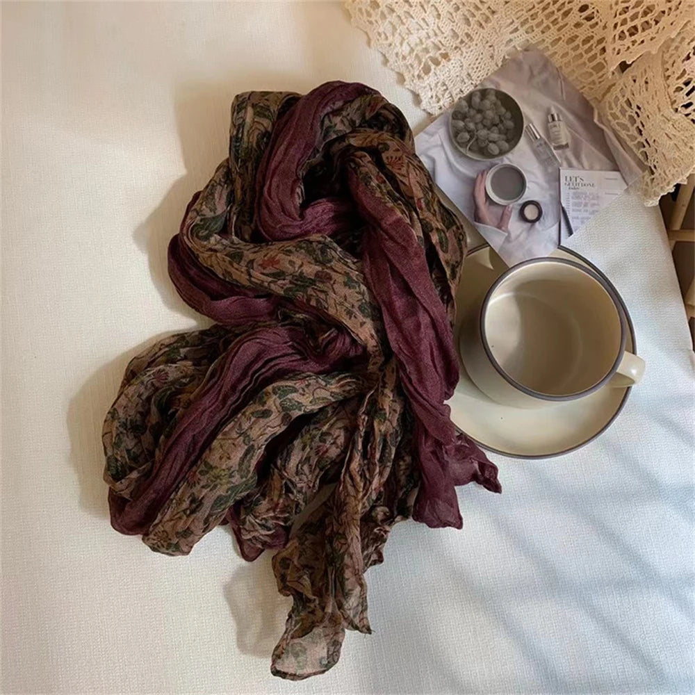 Foulard Écharpe Patchwork Coton Lin Vintage Femme - Châle Carré Floral Plissé Hiver