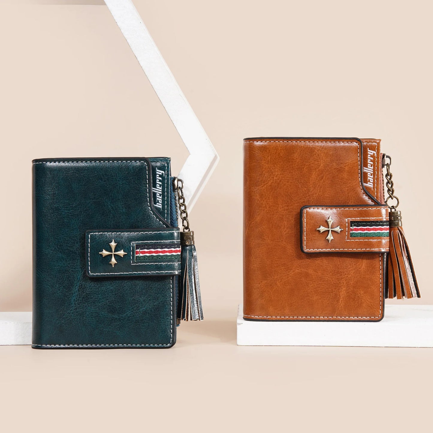 Portefeuille Femme Cuir Ciré Glands - Porte-Monnaie Tri-Fold Multi-Fentes Fermeture Éclair