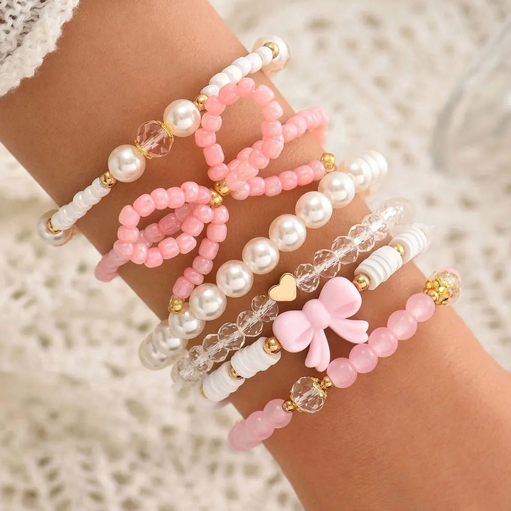 Ensemble 6 Bracelets Roses Nœuds Cœurs Y2K – Perles Acrylique Bohème