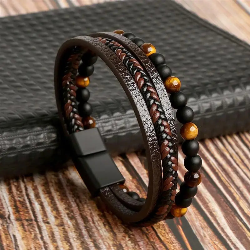 Bracelet Cuir Tressé Multicouche Punk – Boucle Magnétique Croix Homme