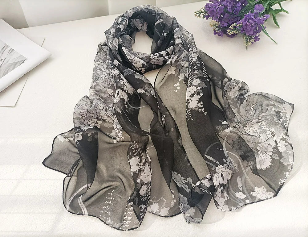 Foulard Écharpe Mousseline Georgette Femme Fleur Prune - Bandana Été Léger Respirant