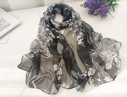Foulard Écharpe Mousseline Georgette Femme Fleur Prune - Bandana Été Léger Respirant