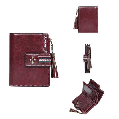 Portefeuille Femme Cuir Ciré Glands - Porte-Monnaie Tri-Fold Multi-Fentes Fermeture Éclair