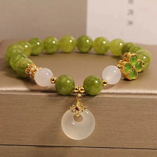 Bracelet Jade Naturel Perles Sculptées – Amulette Talisman Vintage Femme