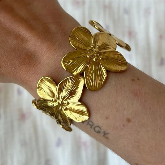 Large Bohemian Flower Bangle Bracelet in Stainless Steel – Chunky Floral Cuff for Couples and Women