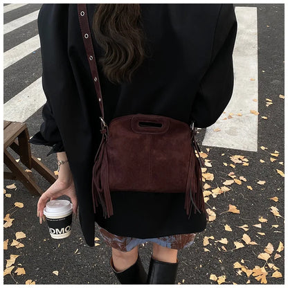 Sac à Main Femme Daim Vintage Style Français - Sac Bandoulière Épaule Glands Café