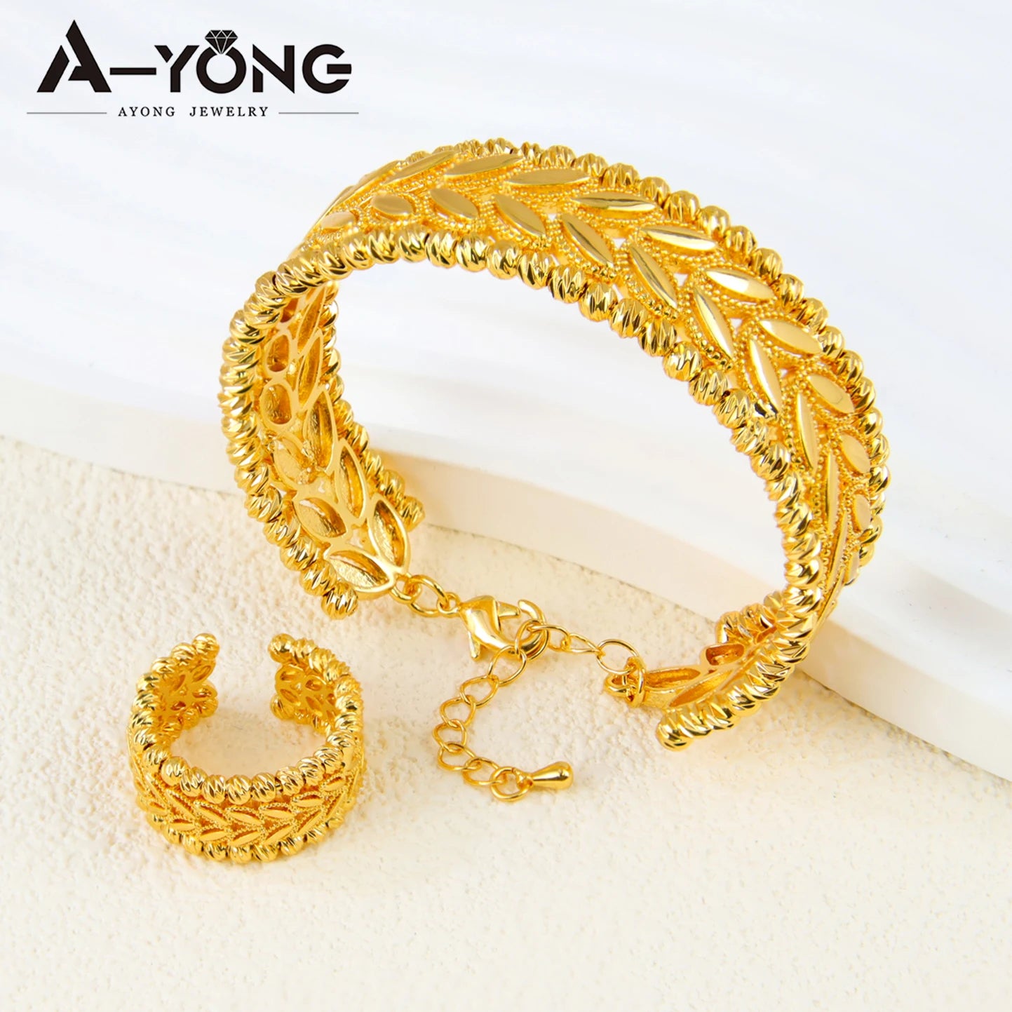 Ensemble Bracelet Bague Perles Dubai Mariage Plaqué Or 24K Luxe – Bangles Ajustables Mariée Arabe Femme