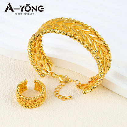Ensemble Bracelet Bague Perles Dubai Mariage Plaqué Or 24K Luxe – Bangles Ajustables Mariée Arabe Femme