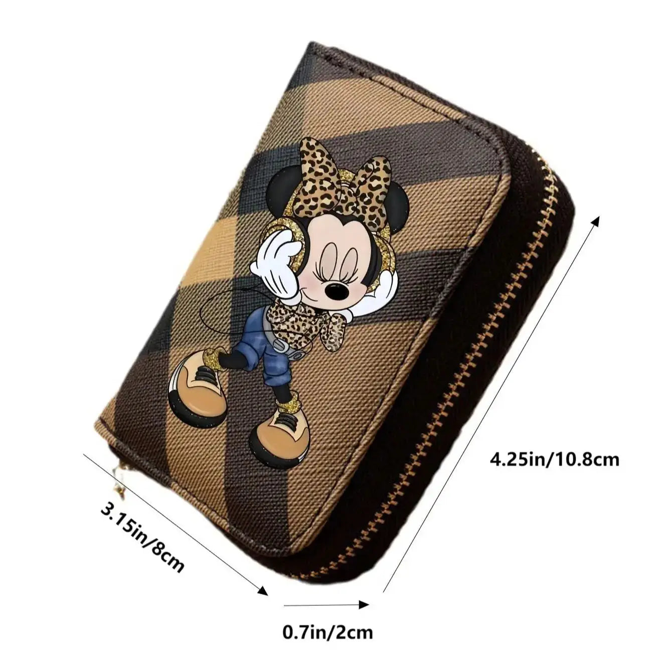 Portefeuille Minnie Motif Carreaux Léopard - Porte-Monnaie Court Cuir PU Zippé Femme Fille Disney