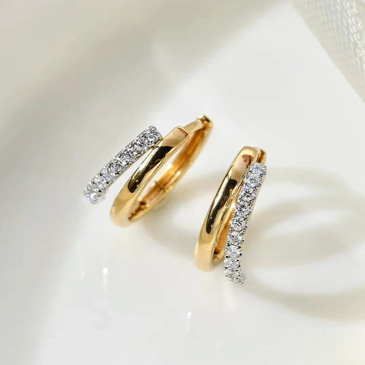 Boucles d'Oreilles Créoles Moissanite 2mm Argent 925 Plaqué Or 18K – Double Cercle Diamant Femme