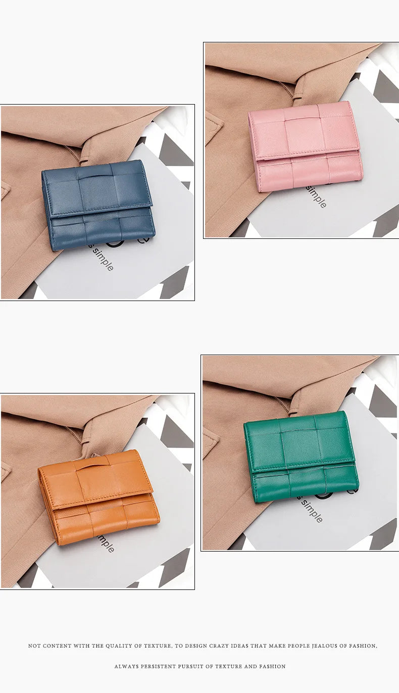 Portefeuille Femme Court Cuir Véritable Peau Mouton Tressé - Porte-Monnaie Trifold Zippé Grande Capacité Noir