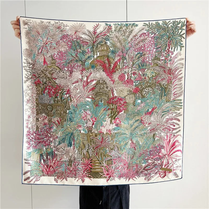 Foulard Carré Soie 100% Pure 90cm Neckerchief Femme - Châle Bandana Luxe Rose Vert