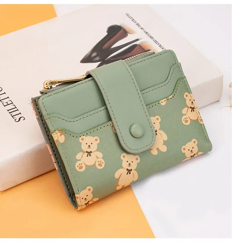 Portefeuille Femme Court Ourson Mignon - Bifold Cuir PU Porte-Cartes Zipper Bleu