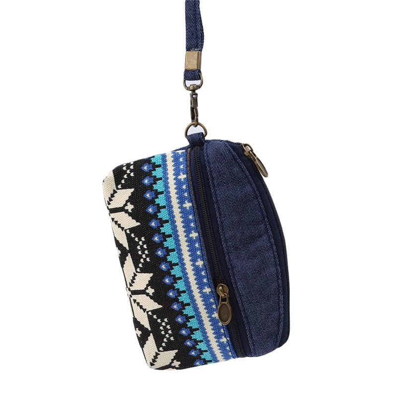 Porte-Monnaie Ethnique en Coton - Pochette Double Zip pour Femme et Enfant