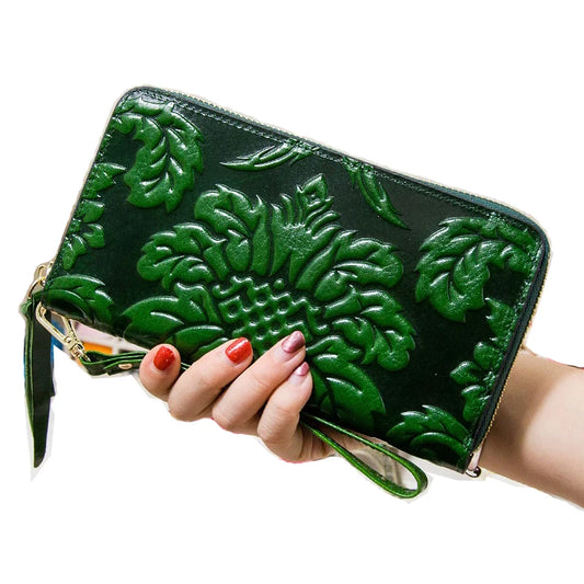 Portefeuille Femme Cuir Véritable Vintage Floral - Grande Capacité Clutch Pochette en Cuir de Vache