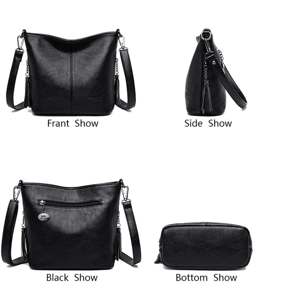 Sac Bandoulière Femme Cuir Pompons Luxe 2025 - Crossbody Bucket Designer