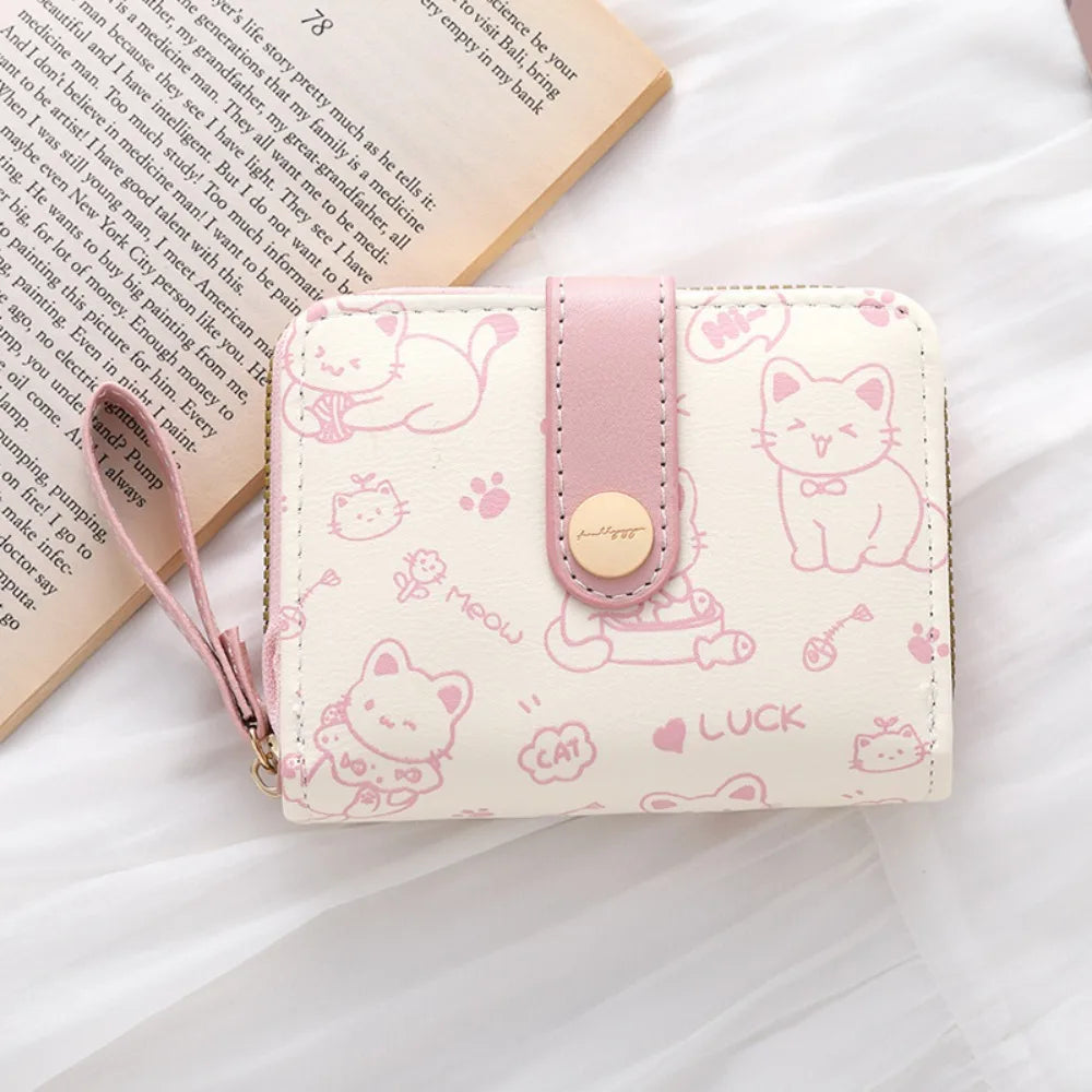 Portefeuille Femme Chat Mignon Cuir PU - Porte-Monnaie Court Grande Capacité Voyage